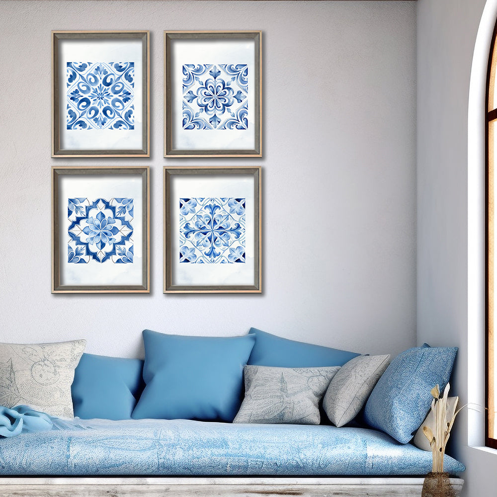Indigo Mosaic Set of 4 Canvas Painting Gallery Wall Art for Home Decor