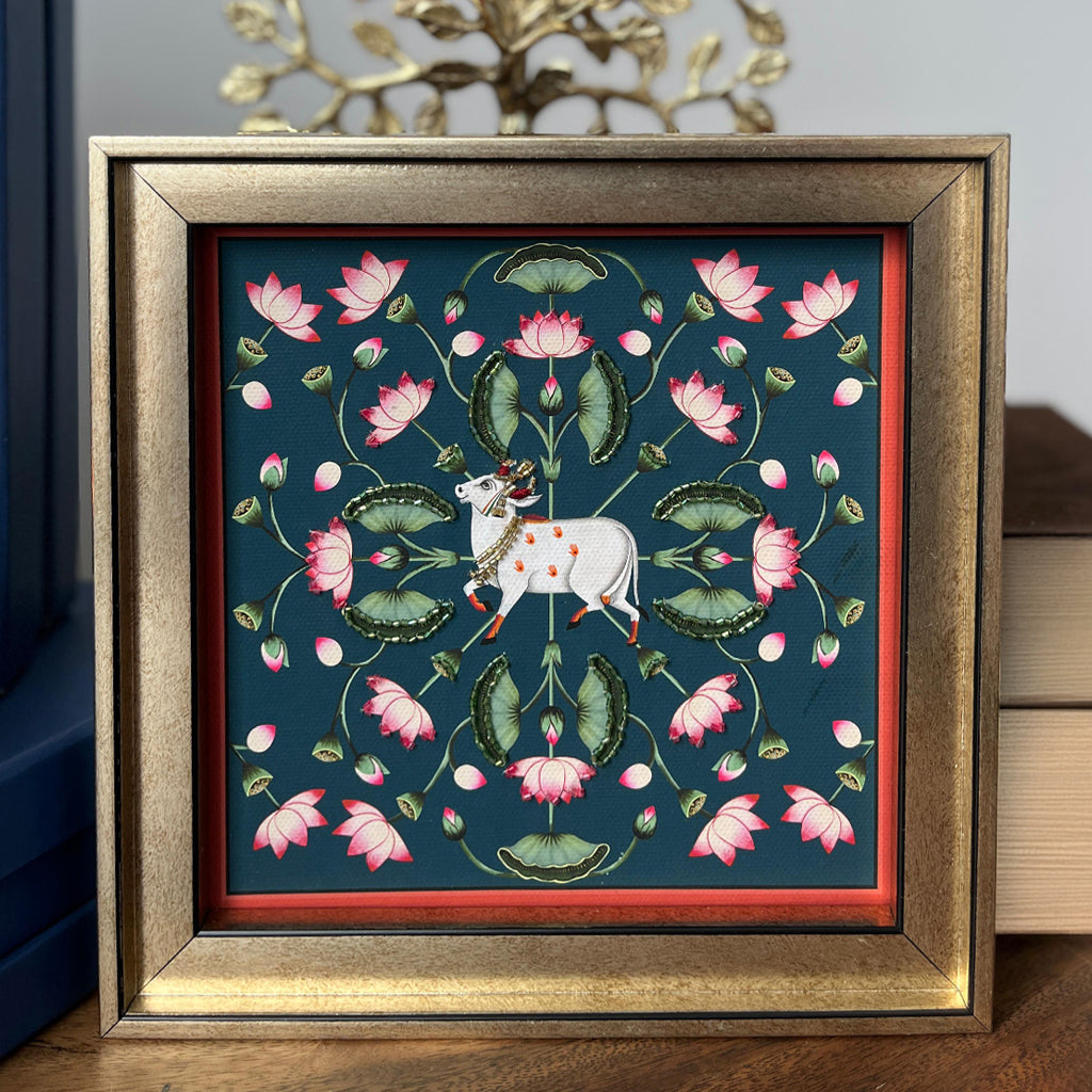 Kamdhenu and Lotuses Pichwai Art Artwork with Gift Box