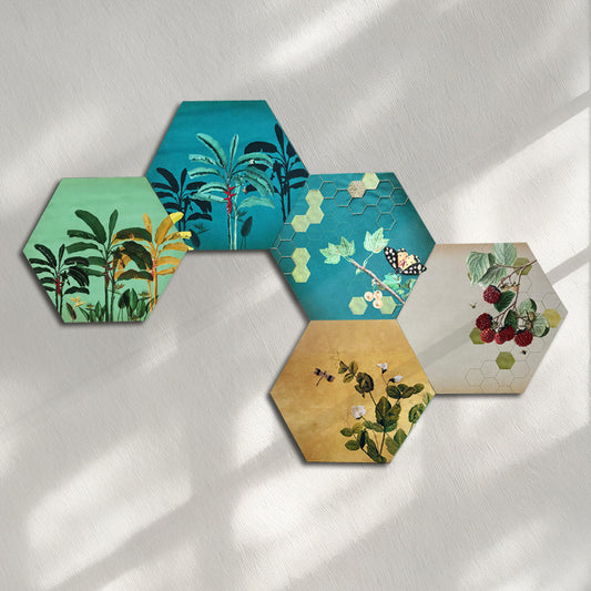 Botanical Honey Comb Set of 5 with Embellishment Mixed Media Wall Art for Home Decor| Canvas Painting Artwork for Wall | Wall Decor | Wall Painting for Cafe, Restaurant, Living Room, Home Decor