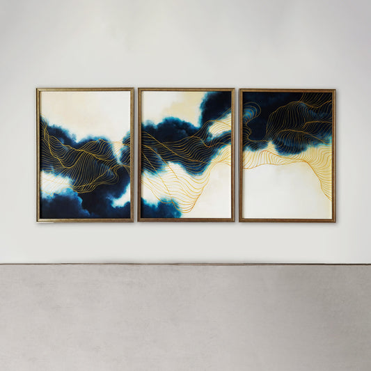 Golden Threads Of Fate Framed Painting - Ser of 3 | Hand Painted Wall Art for Home Decor| Canvas Painting Artwork for Wall | Wall Decor | Wall Painting for Cafe, Restaurant, Living Room, Home Decor