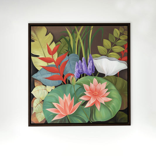 Lotus In Bloom Nature Floral Painting | Hand Painted Wall Art for Home Decor| Canvas Painting Artwork for Wall | Wall Decor | Wall Painting for Cafe, Restaurant, Living Room, Home Decor