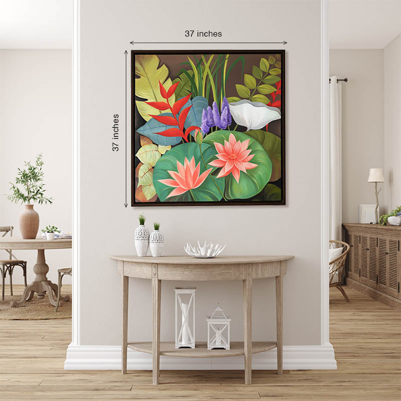 Lotus In Bloom Nature Floral Painting | Hand Painted Wall Art for Home Decor| Canvas Painting Artwork for Wall | Wall Decor | Wall Painting for Cafe, Restaurant, Living Room, Home Decor