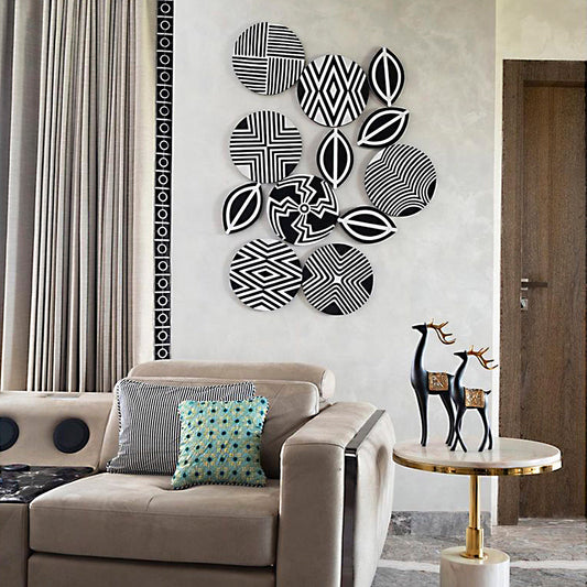 Monochrome Circles (Set of 12) Hand Painted Wall Art for Home Decor| Canvas Painting Artwork for Wall | Wall Decor | Wall Painting for Cafe, Restaurant, Living Room, Home Decor