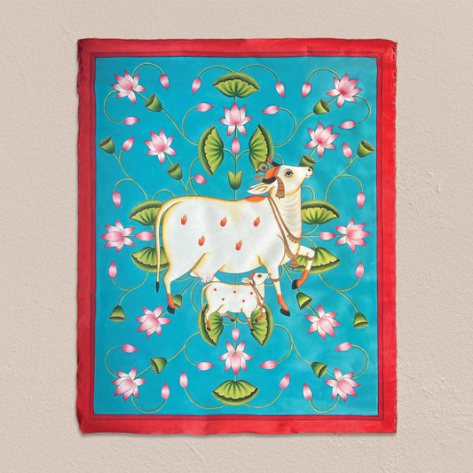 Pichwai Cow and Calf Hand Painted Wall Art for Home Decor| Canvas Painting Artwork for Wall | Wall Decor | Wall Painting for Cafe, Restaurant, Living Room, Home Decor