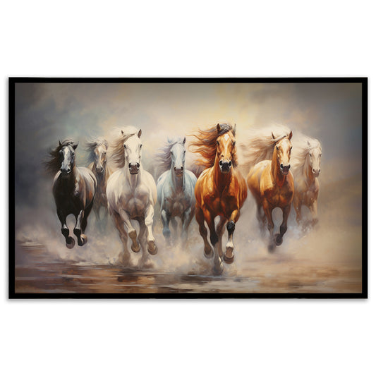 Seven Running Horses Traditional Wall Artwork | Canvas Painting for Wall | Vastu Wall Decor | Wall Painting for Living Room | Bedroom