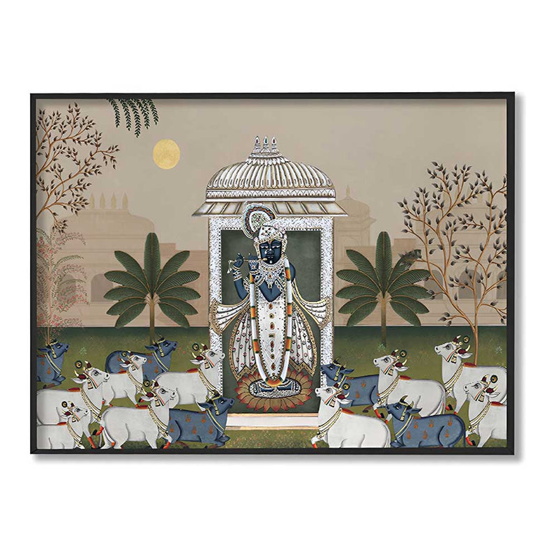 Shrinathji & Cows Landscape -Beige Traditional Artwork Canvas Print for Wall