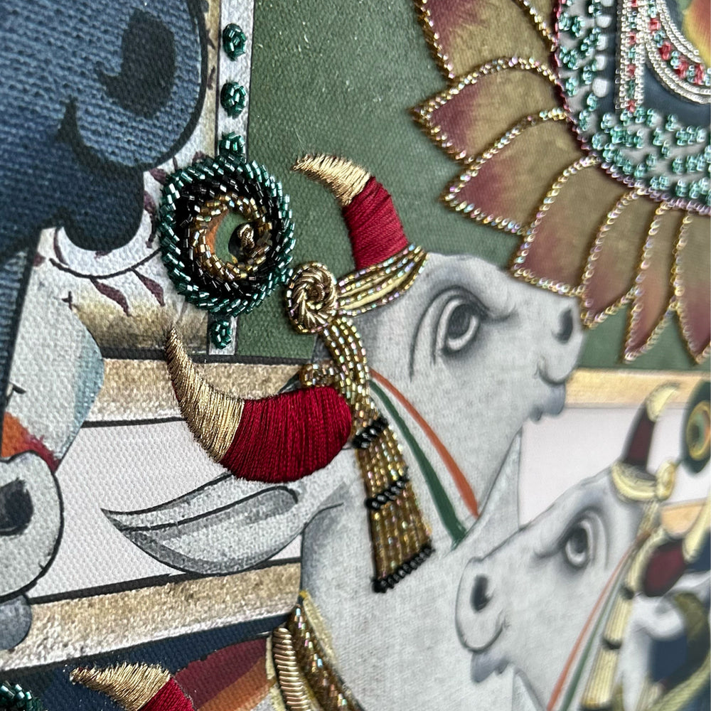 Shrinathji Pichwai with Brass Mixed Media Wall Art for Home Decor| Canvas Painting Artwork for Wall | Wall Decor | Wall Painting for Cafe, Restaurant, Living Room, Home Decor