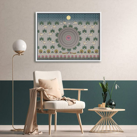 Contemporary Pichwai with Krishna Basuri Traditional Wall Artwork | Canvas Painting for Wall | Wall Decor | Wall Painting for Living Room | Bedroom