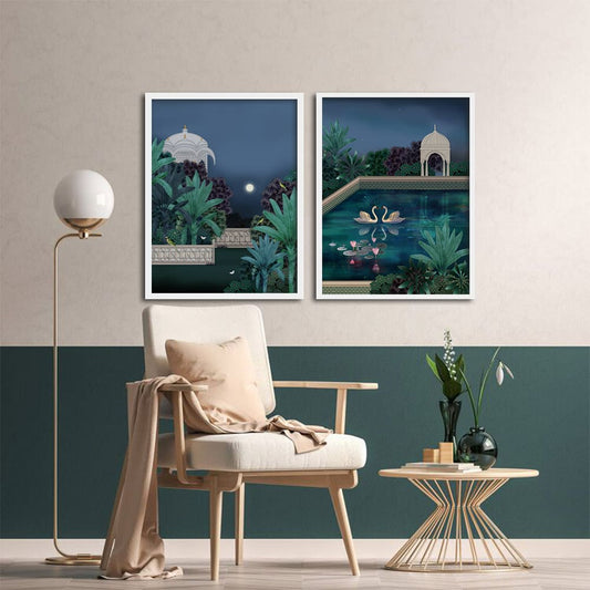 Pichwai Night Garden (Set of 2) Traditional Wall Artwork | Canvas Painting for Wall | Wall Decor | Wall Painting for Living Room | Bedroom