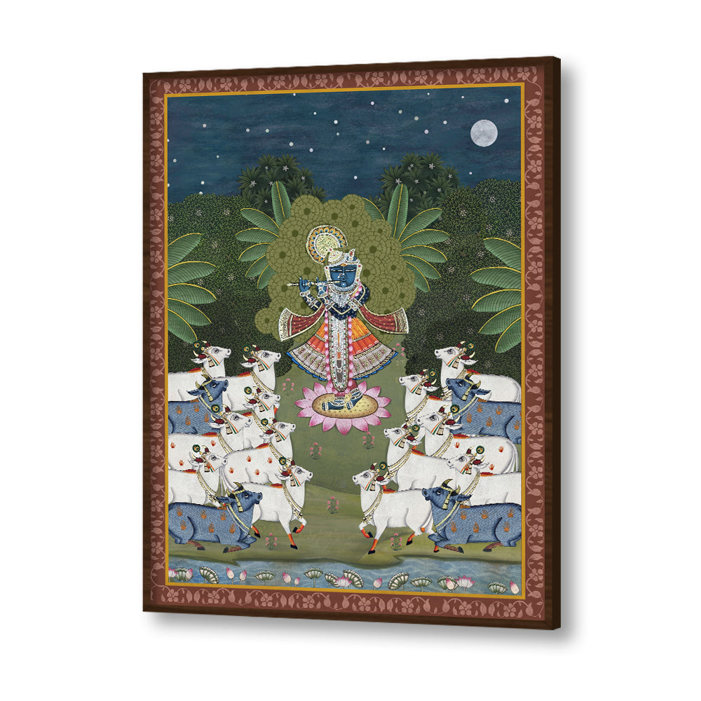 Traditional Pichwai Srinathji with Cows Wall Artwork | Canvas Painting for Wall | Wall Decor | Wall Painting for Living Room | Bedroom