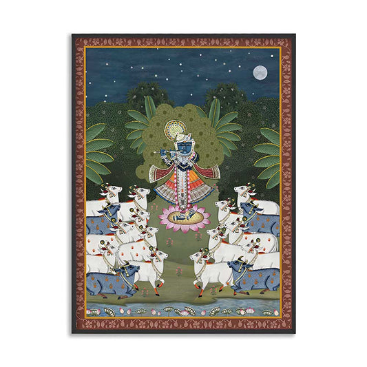 Traditional Pichwai Srinathji with Cows Traditional Artwork Canvas Print for Wall