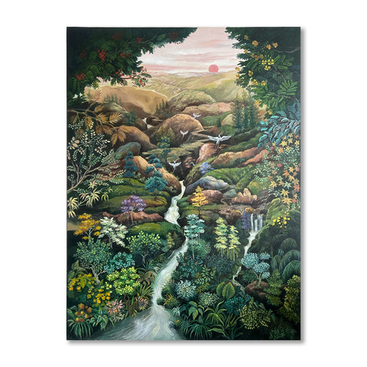 Vaastu Waterfall Painting with Sunrise and Nature - Hand Painted Wall Art for Home Decor| Canvas Painting Artwork for Wall | Wall Decor | Wall Painting for Cafe, Restaurant, Living Room, Home Decor