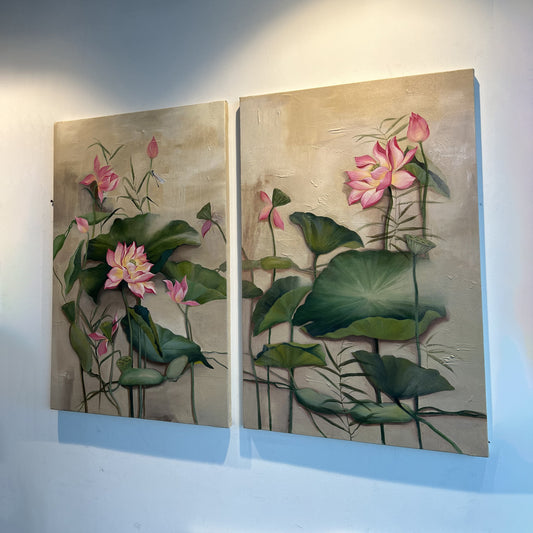 Lotus Set of 2 Hand Painted Wall Art for Home Decor| Canvas Painting Artwork for Wall | Wall Decor | Wall Painting for Cafe, Restaurant, Living Room, Home Decor