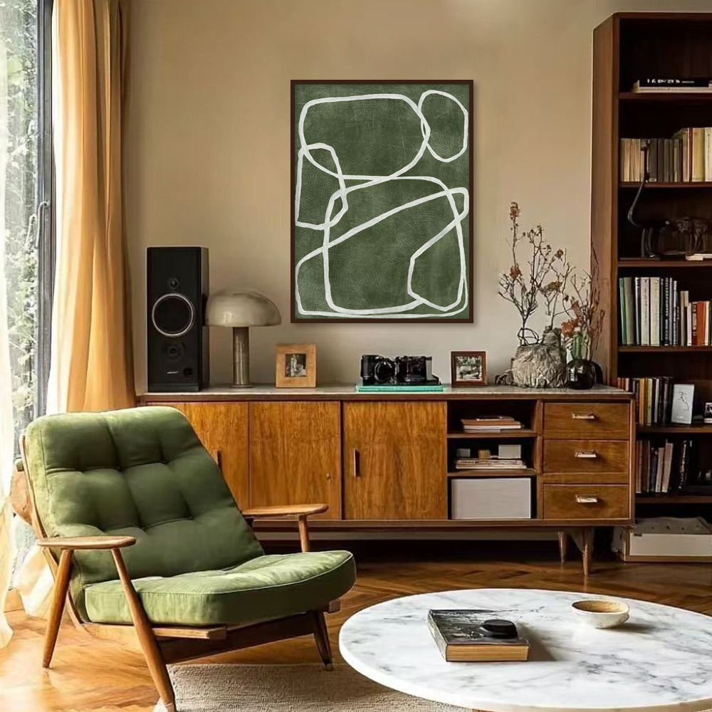 Olive Flow — Abstract Line Art Print for Living Room