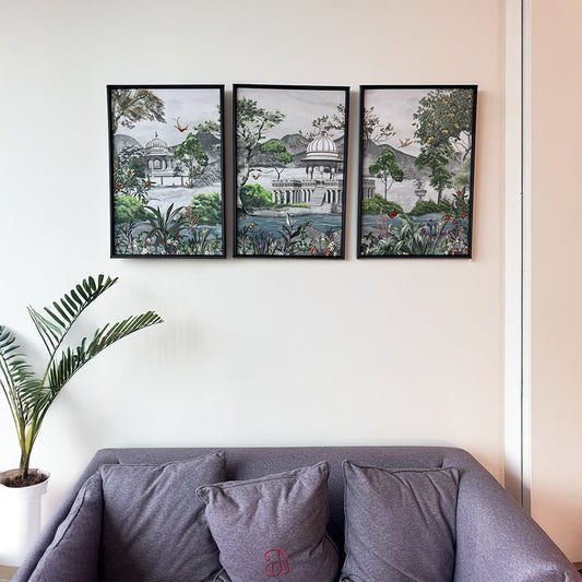 Royal Bagh with Embroidery Set of 3 Mixed Media Wall Art for Home Decor| Canvas Painting Artwork for Wall | Wall Decor | Wall Painting for Cafe, Restaurant, Living Room, Home Decor