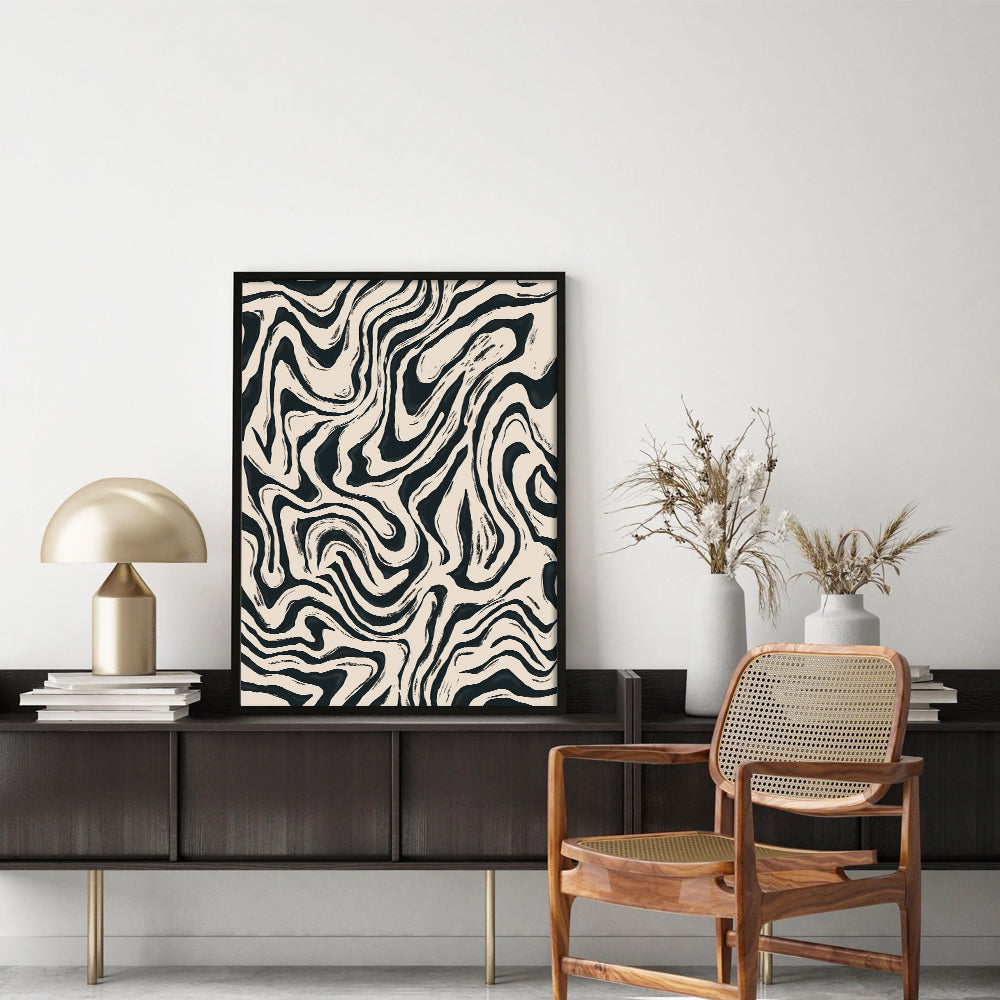 Abstract Fluid Black and White Canvas Wall Art Print shown in a room