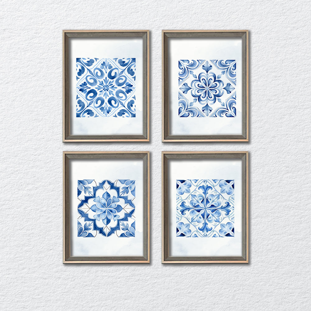 Indigo Mosaic Set of 4 Canvas Painting Gallery Wall Art for Home Decor shown in a room