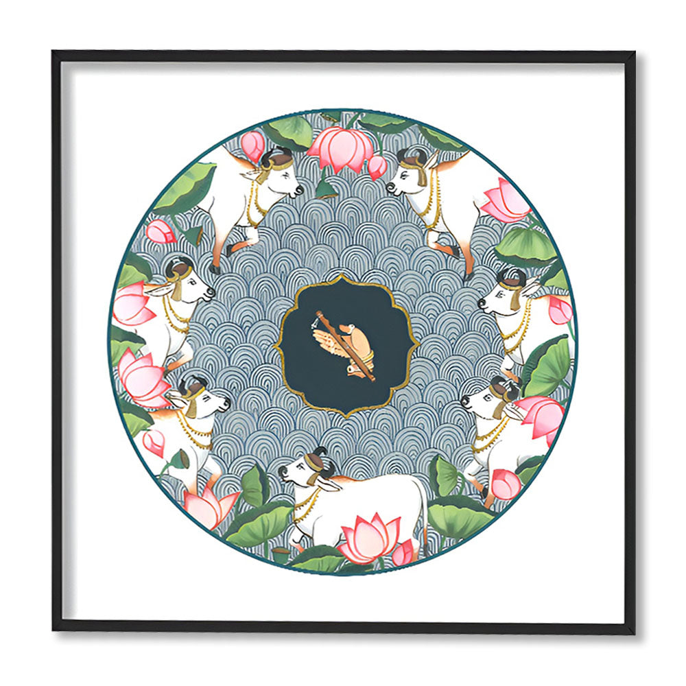 Ananta - Pichwai Painting Inspired Art print - Krishna Flute with Cows Traditional Artwork Canvas Print for Wall