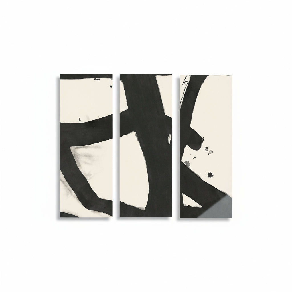 Intersection (Set of 3) Black and White Abstract Canvas Wall Art Print shown in a room