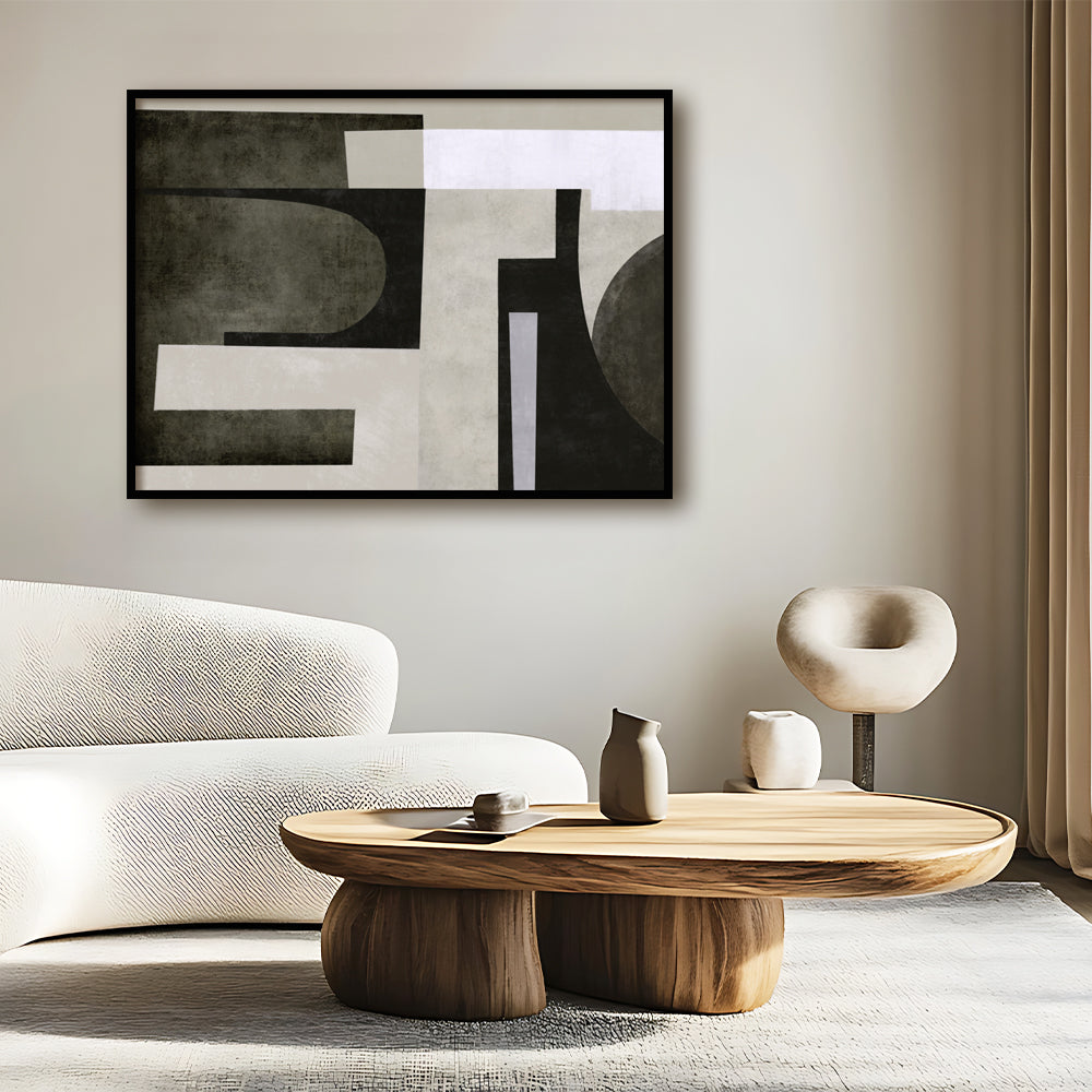 Monochrome Forms Abstract Canvas Wall Art Print shown in a room