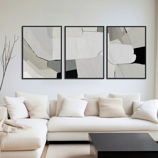 Monochrome Haze set of 3 Abstract Canvas Wall Art Print