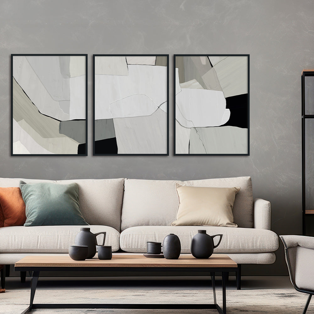 Monochrome Haze set of 3 Abstract Canvas Wall Art Print