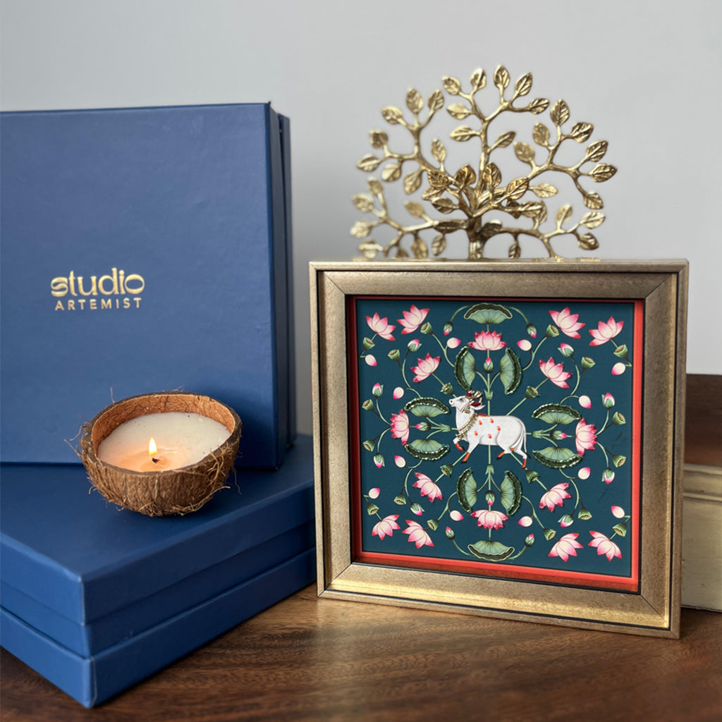 Kamdhenu and Lotuses Pichwai Art Artwork with Gift Box