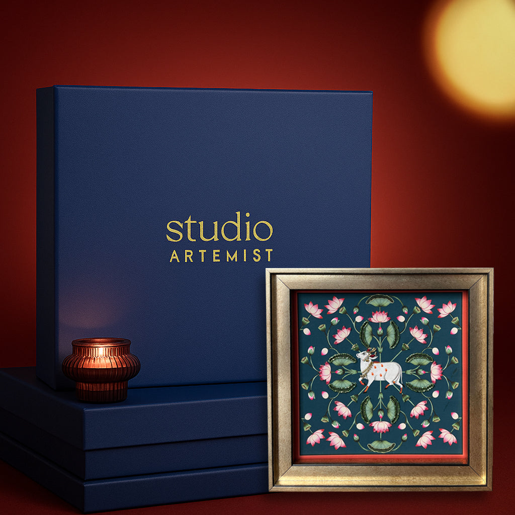 Kamdhenu and Lotuses Pichwai Art Artwork with Gift Box