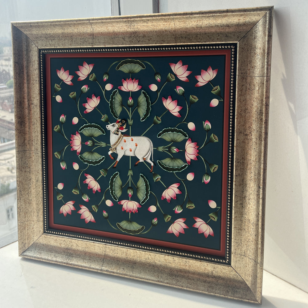 Kamdhenu and Lotuses Pichwai with Embroidery Canvas Wall Artwork