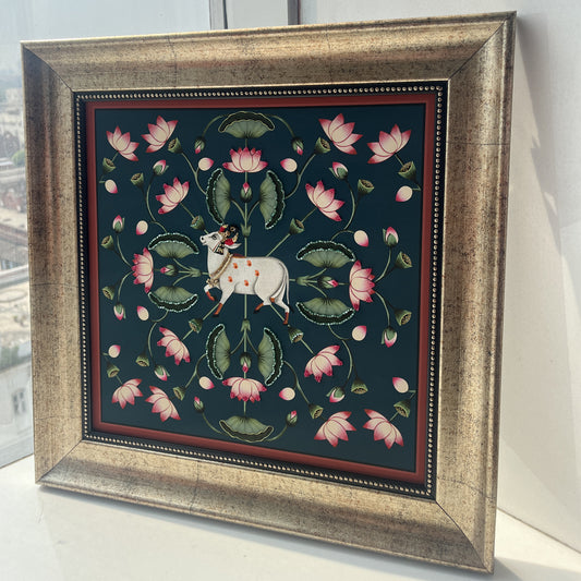 Kamdhenu and Lotuses Pichwai with Embroidery Canvas Wall Artwork