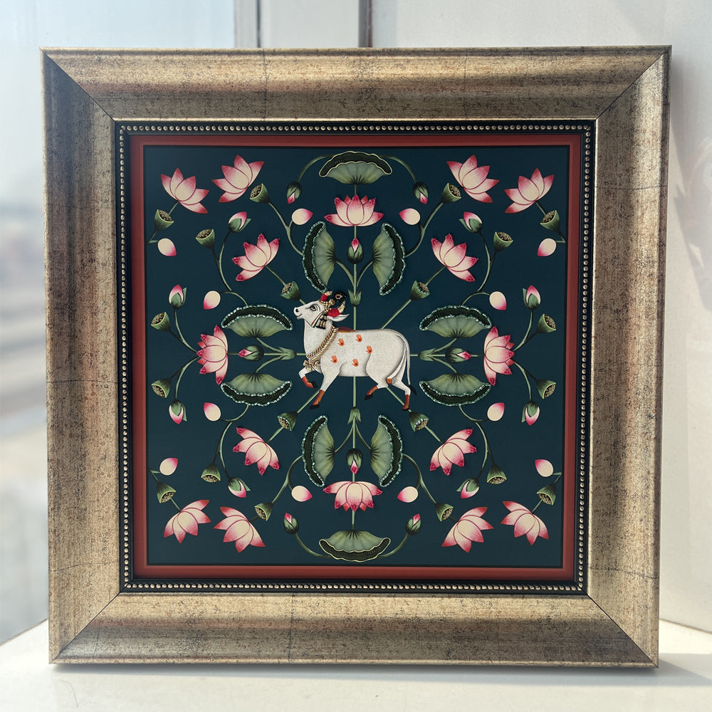 Kamdhenu and Lotuses Pichwai with Embroidery Canvas Wall Artwork