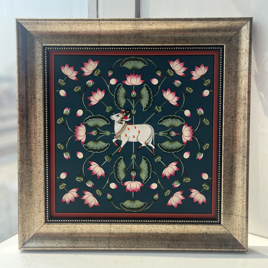 Kamdhenu and Lotuses Pichwai Art Mixed Media Wall Art for Home Decor|  Canvas Painting Artwork for Wall | Wall Decor | Wall Painting for Cafe, Restaurant, Living Room, Home Decor