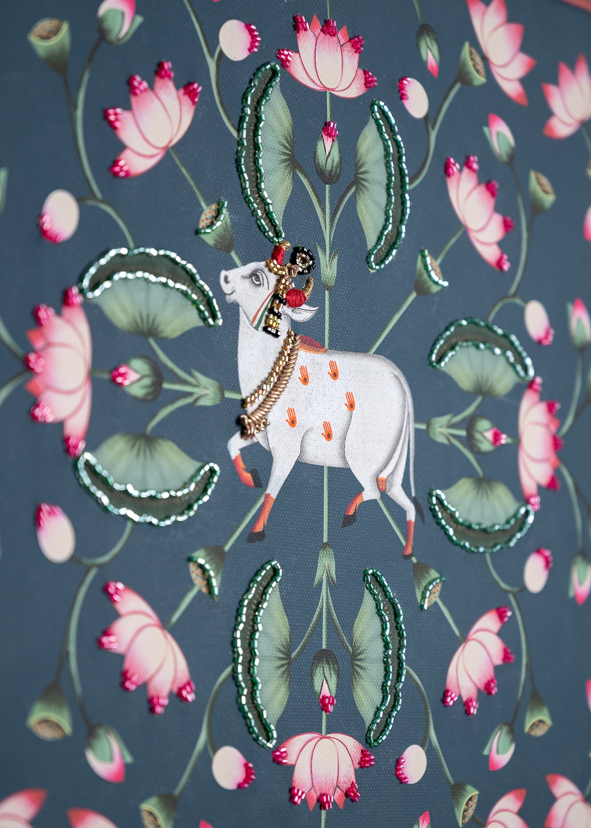 Kamdhenu and Lotuses Pichwai with Embroidery Canvas Wall Artwork