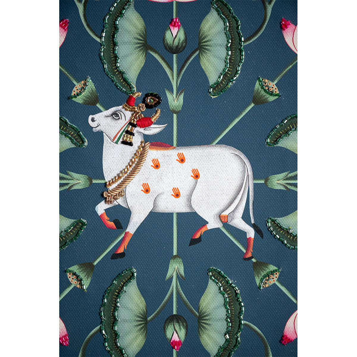 Kamdhenu and Lotuses Pichwai with Embroidery Canvas Wall Artwork