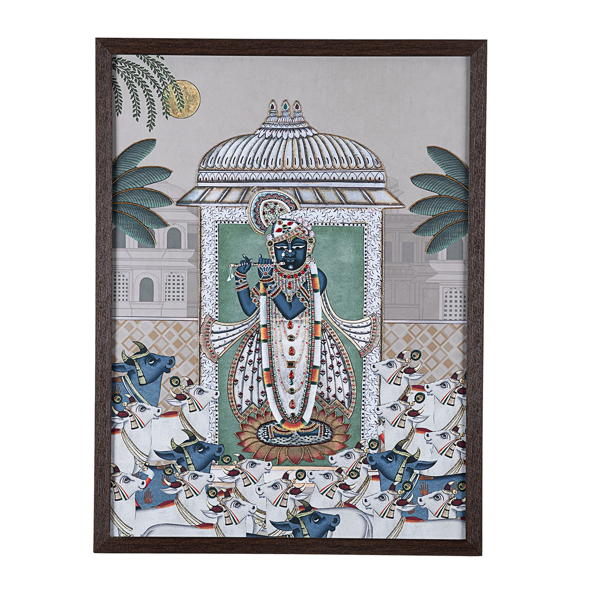 Srinathji Pichwai with Embroidery Canvas Wall Artwork | Ivory