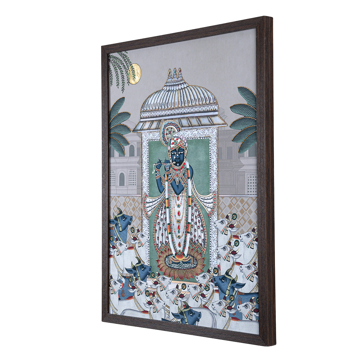 Srinathji Pichwai with Embroidery Canvas Wall Artwork | Ivory