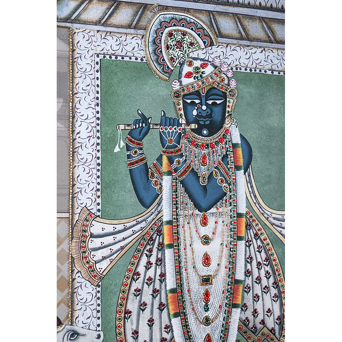 Srinathji Pichwai with Embroidery Canvas Wall Artwork | Ivory