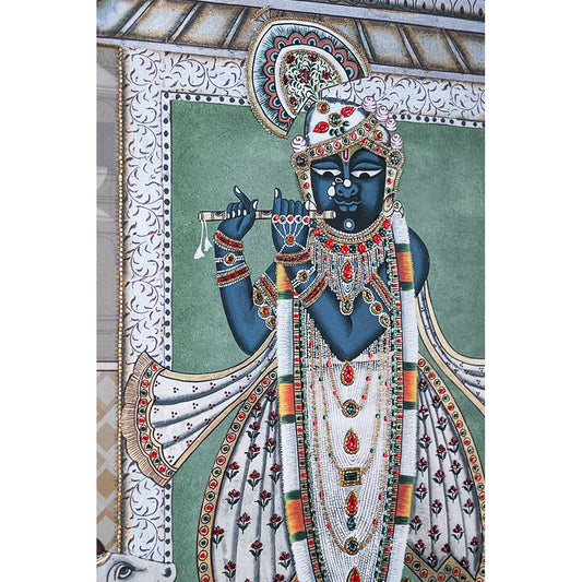 Srinathji Pichwai with Embroidery Canvas Wall Artwork | Ivory