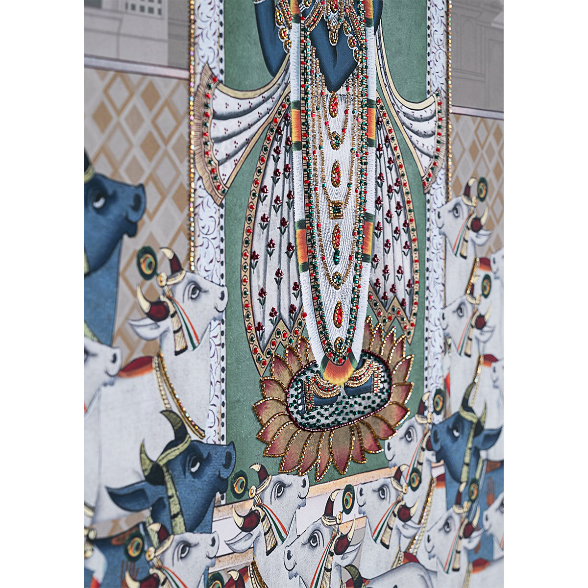 Srinathji Pichwai with Embroidery Canvas Wall Artwork | Ivory