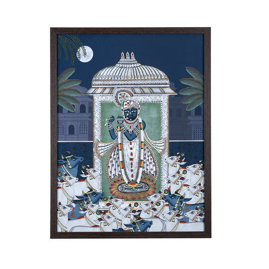 Srinathji Pichwai Midnight Blue Mixed Media Wall Art for Home Decor|  Canvas Painting Artwork for Wall | Wall Decor | Wall Painting for Cafe, Restaurant, Living Room, Home Decor