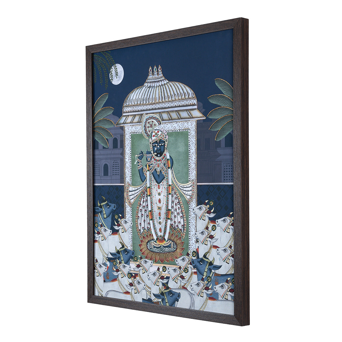 Srinathji Pichwai with Embroidery Canvas Wall Artwork | Midnight Blue