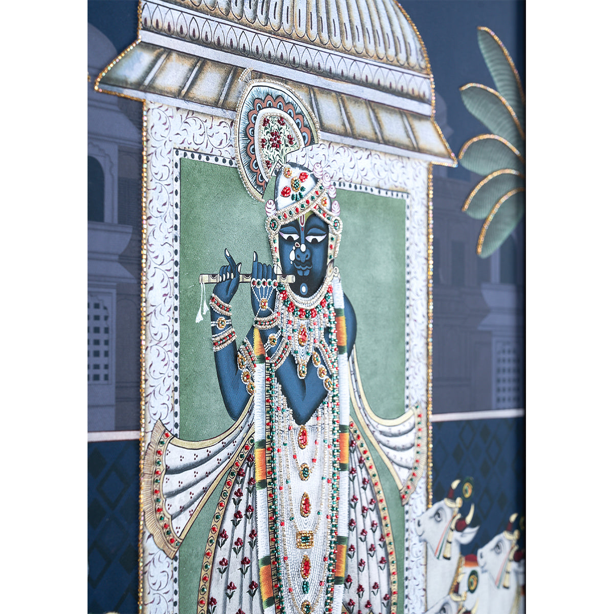 Srinathji Pichwai with Embroidery Canvas Wall Artwork | Midnight Blue