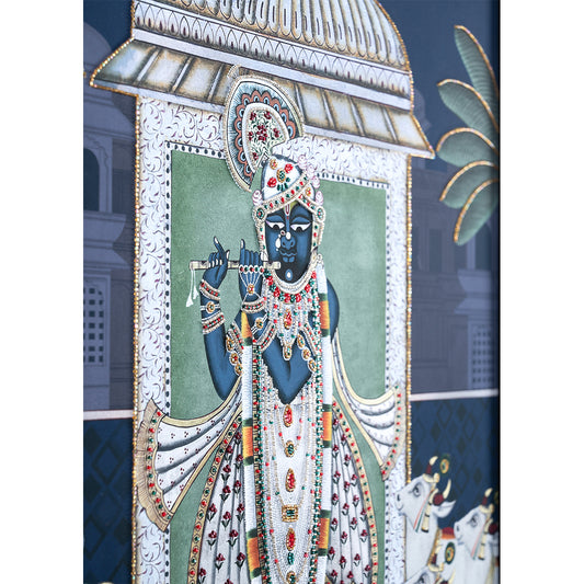 Srinathji Pichwai with Embroidery Canvas Wall Artwork | Midnight Blue