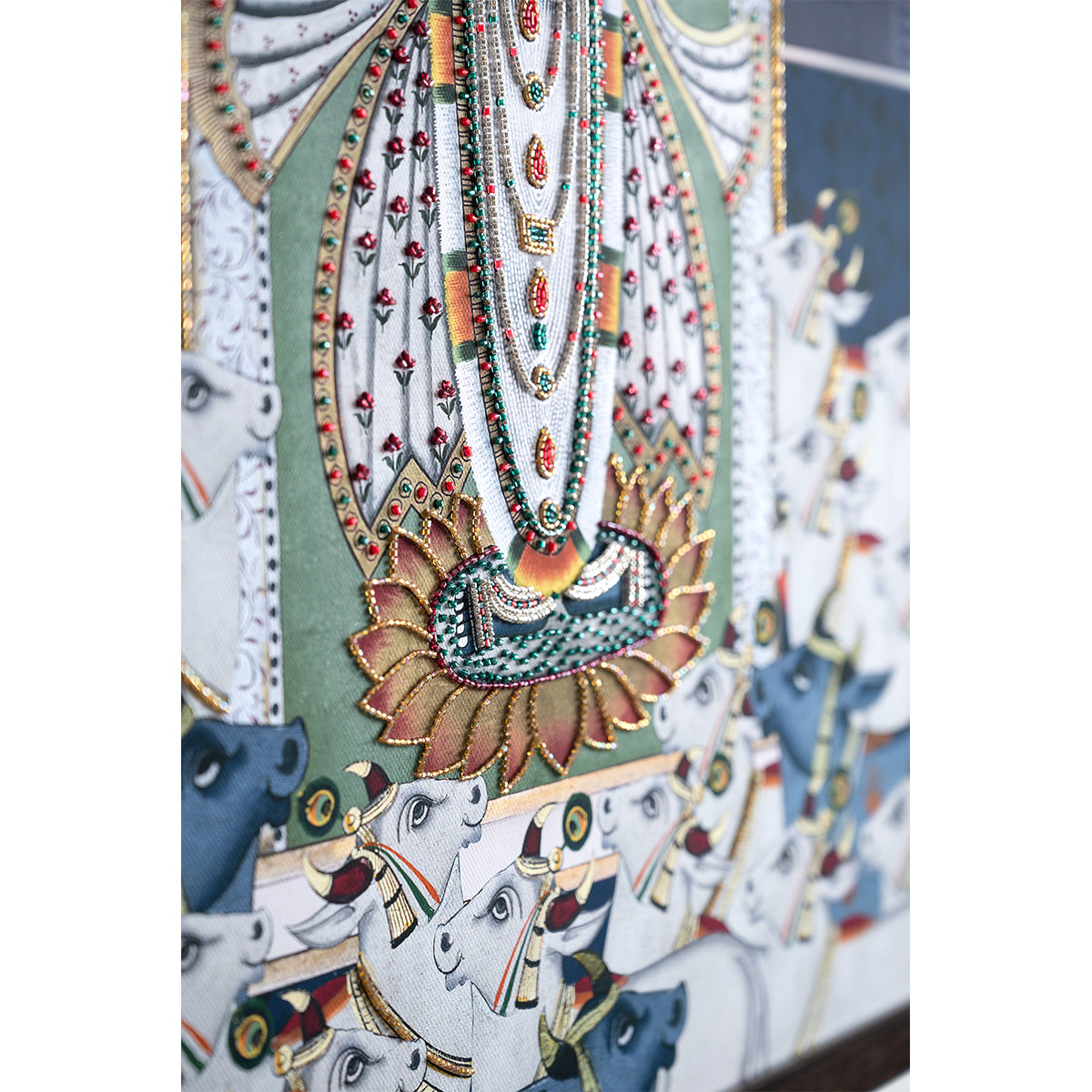 Srinathji Pichwai with Embroidery Canvas Wall Artwork | Midnight Blue