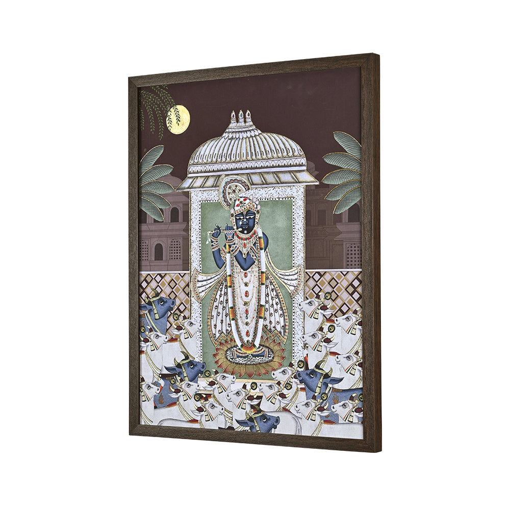 Srinathji Pichwai Embroidered Canvas Wall Artwork - Maroon