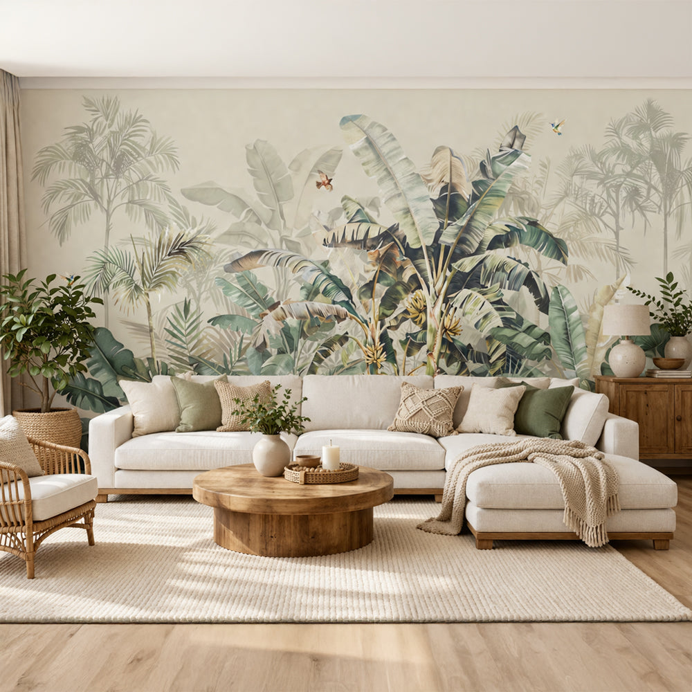 Soft Tropical Foliage Wallpaper shown in a room