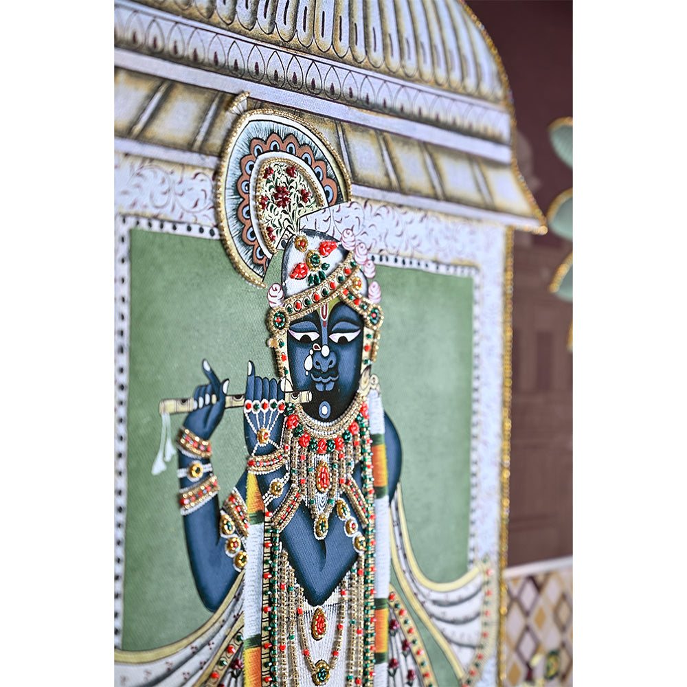 Srinathji Pichwai Embroidered Canvas Wall Artwork - Maroon