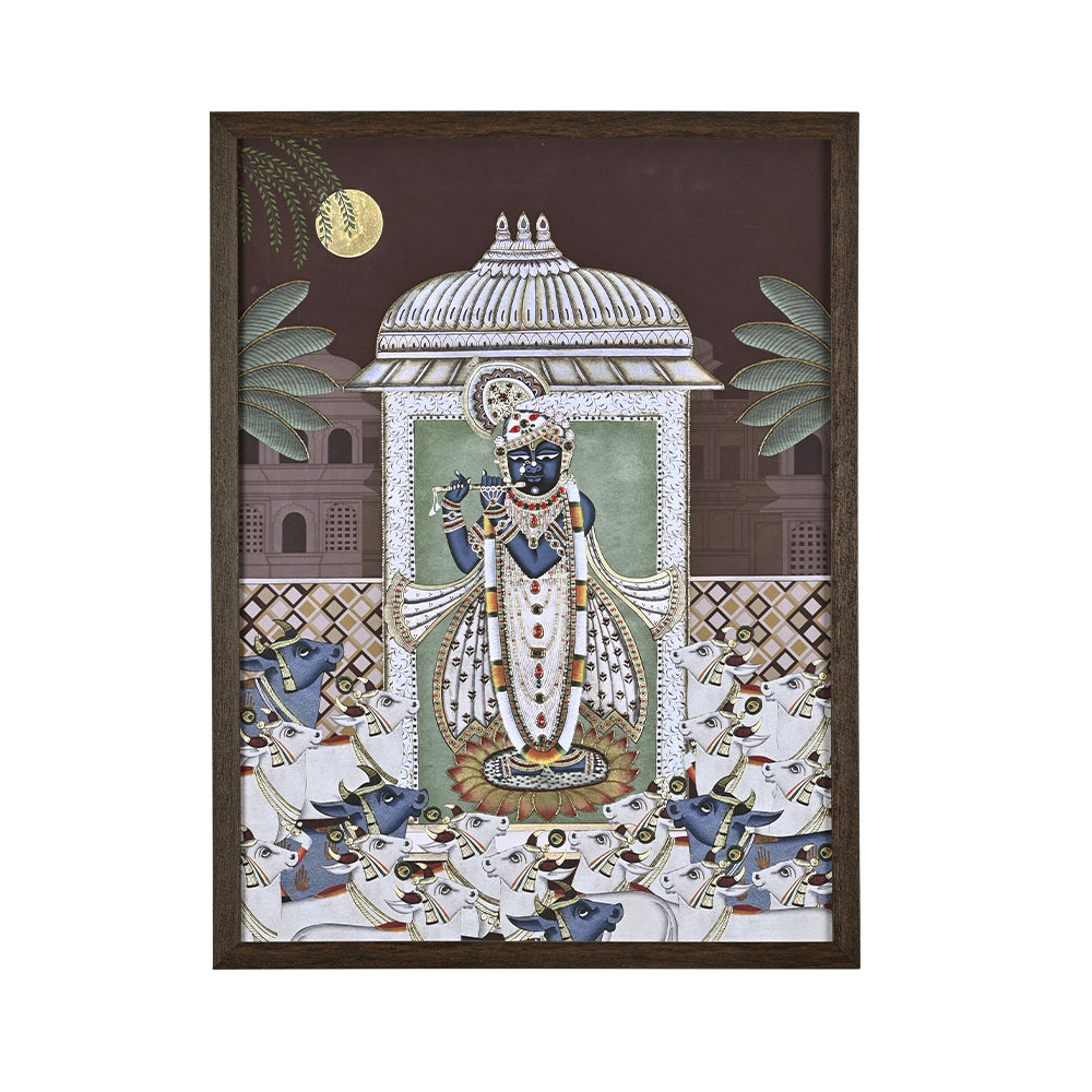 Srinathji Pichwai Embroidered Canvas Wall Artwork - Maroon