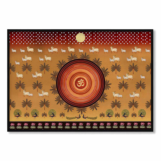 Om Contemporary Pichwai with cows Traditional Artwork Canvas Print for Wall