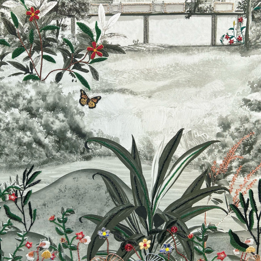 Royal Bagh with Embroidery Mixed Media Canvas Wall Artwork
